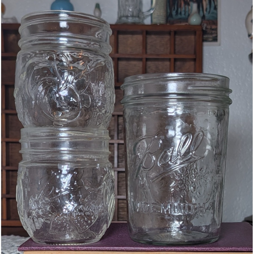 Lot(3)Vintage Ball Mason Canning Jars Embossed Fruit Strawberry Grape cottage
